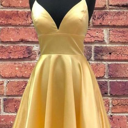 A Line V Neck Short Yellow Prom Dresses,short V..