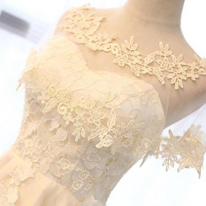 High Low Short Light Champagne Lace Prom..