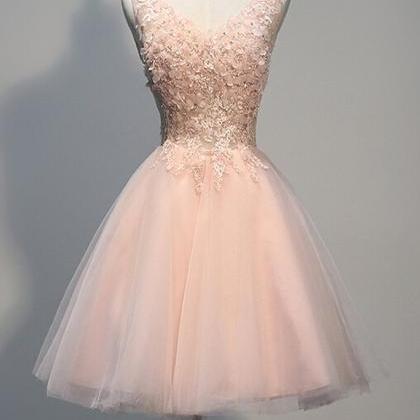 Blush Pink Lace Beaded Backless V-neck Homecoming..