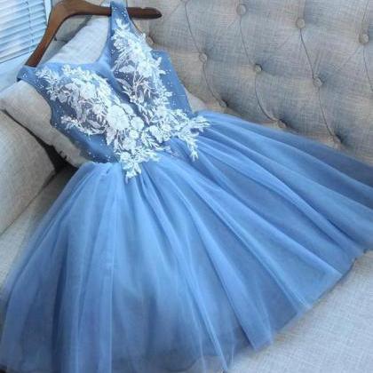 Blue Tulle A Line Lace Appliques Short Homecoming..