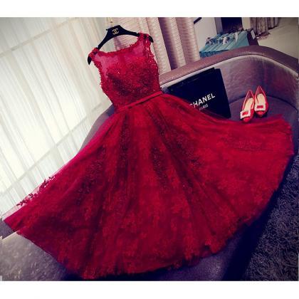 Charming Red A Line Lace Short Sleeveless..