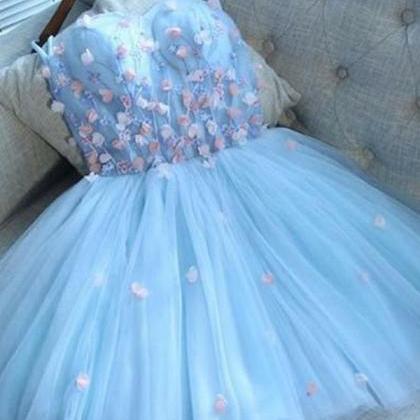 A-line Sweetheart Short Blue Tulle Homecoming..