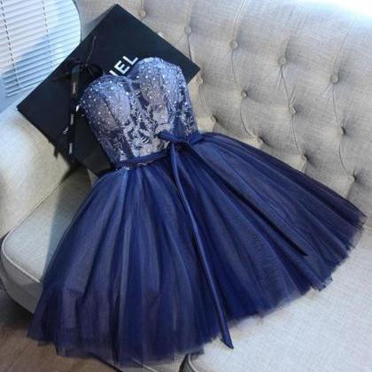 Cute Navy Blue Sweetheart Tulle Beaded Appliques..