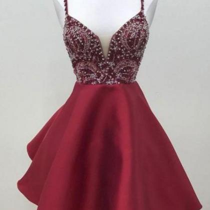 Spaghetti Straps Dark Red Short Prom Dress..