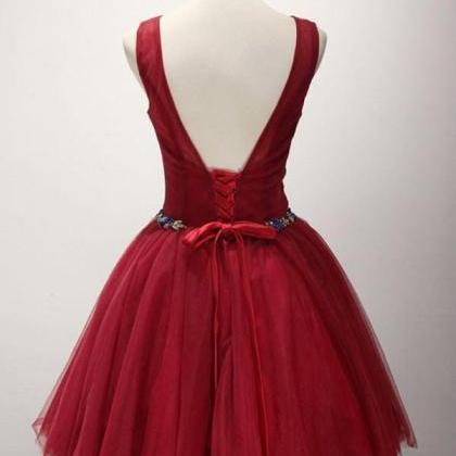 Red Simple Elegant Lace Up Short Tulle Homecoming..