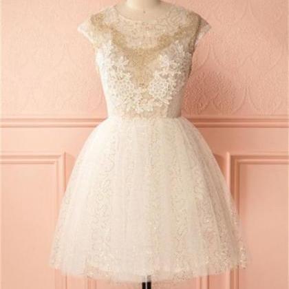 Cap Sleeves Ivory Sparkly Short Homecoming Dresses..