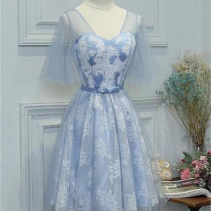Elegant Light Blue Lace Tulle A-line Homecoming..