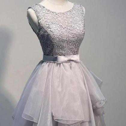 Scoop Neckline Short Gray Lace Homecoming Dresses..