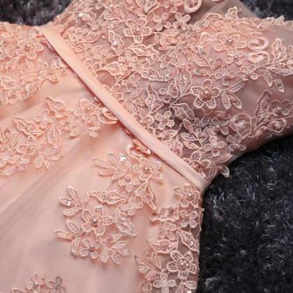 Pink V Neck Tulle Lace Short Prom Dress,homecoming..
