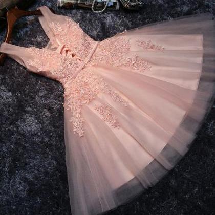 Pink V Neck Tulle Lace Short Prom Dress,homecoming..