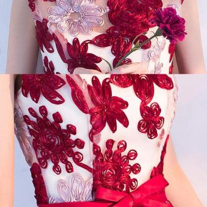Cute Burgundy 3d Lace High Low Prom Dress,lace..