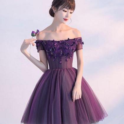 Cute A Line Purple Off Shoulder Short Prom..