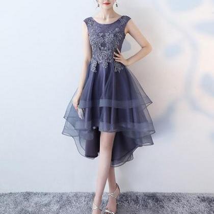 Purple Round Neck Lace Tulle High Low Prom..