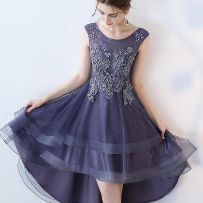 Purple Round Neck Lace Tulle High Low Prom..