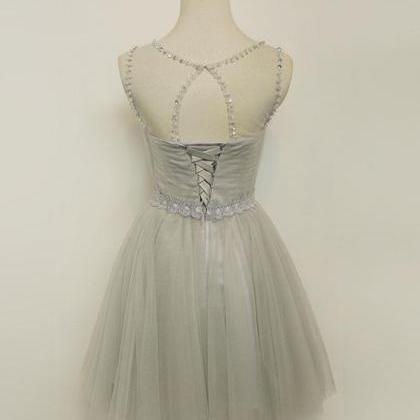 Cute A Line Gray Tulle Short Prom Dress,homecoming..