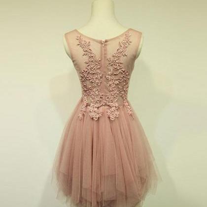 Pink Tulle Lace Short Prom Dress, Evening Dress