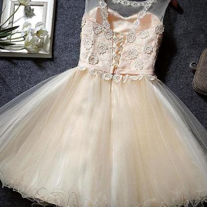 Cute Champagne A Line Lace Short Prom..