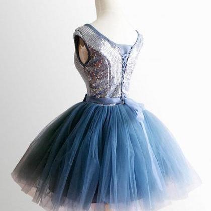 Blue Round Neck Tull Sequins Short Prom Dress,blue..