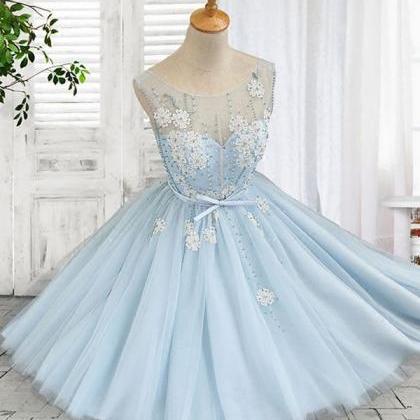 Cute A Line Light Blue Lace Tulle Short Prom..