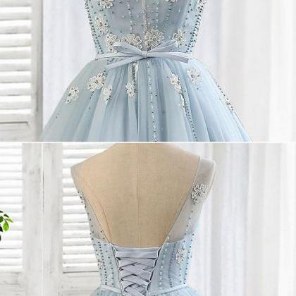 Cute A Line Light Blue Lace Tulle Short Prom..