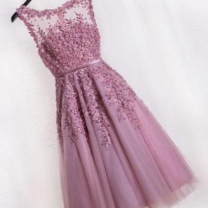 Cute Pink Lace Tulle Short Prom Dress,pink Evening..