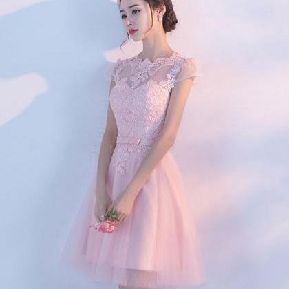 Pink A Line Tulle Lace Short Prom Dress,homecoming..