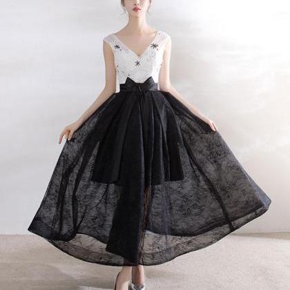 Black V Neck Lace Tulle Short Prom Dress,black..
