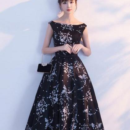 Simple Black Tulle Tea Length Prom Dress,black..
