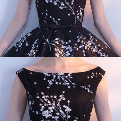 Simple Black Tulle Tea Length Prom Dress,black..