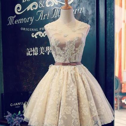Cute Champagne Lace Short Prom Dress, Evening..