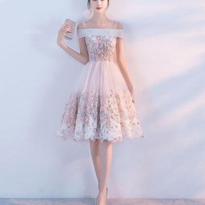 Pink Lace Applique Short Prom Dress,pink..