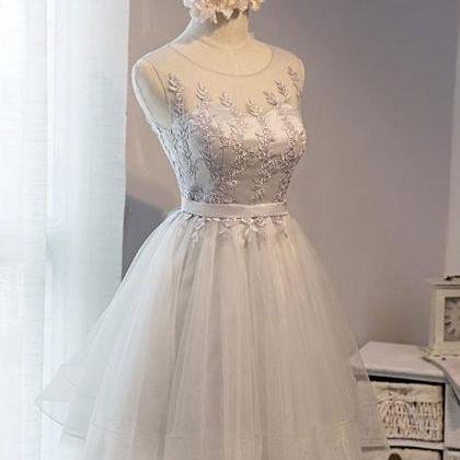 Cute Gray Lace Tulle Short Prom Dress,homecoming..
