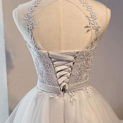 Cute Gray Lace Tulle Short Prom Dress,homecoming..