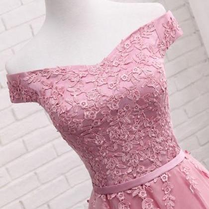 Pink A Line Lace Off Shoulder Prom Dress,lace..