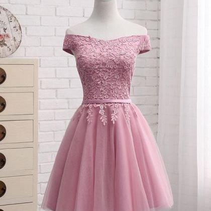 Pink A Line Lace Off Shoulder Prom Dress,lace..