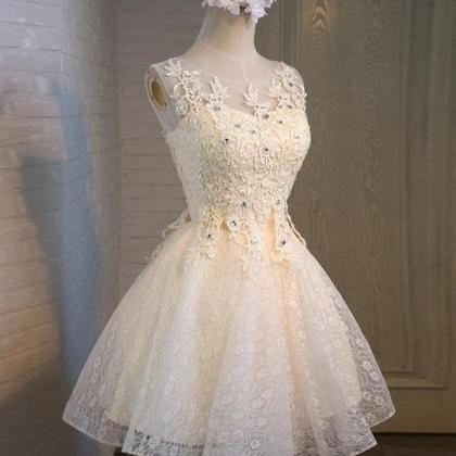 Champagne Lace Round Neck Short Prom..