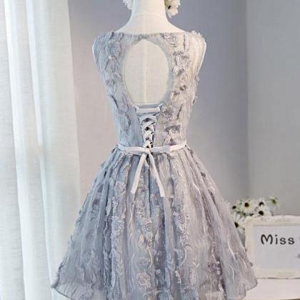 Gray Round Neck Lace Short Prom Dress,cute..