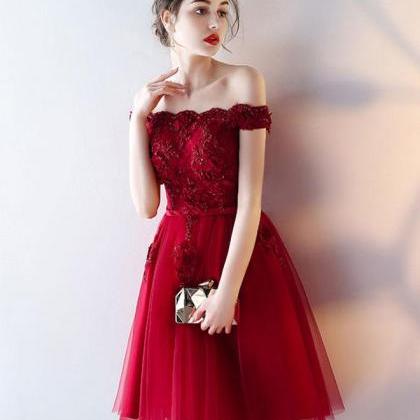 Burgundy Tulle Lace Short Prom Dress,burgundy..