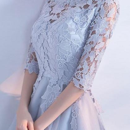 Gray Lace Tulle High Low Prom Dress,lace Evening..
