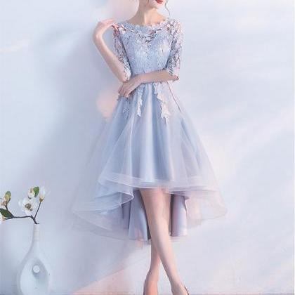 Gray Lace Tulle High Low Prom Dress,lace Evening..