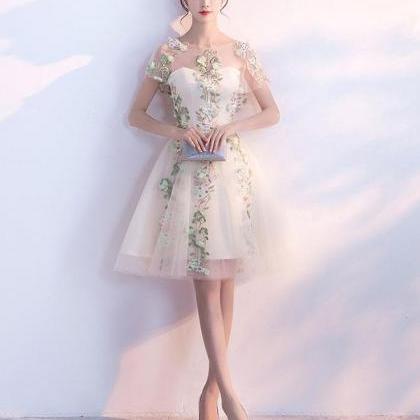 Champagne Tulle Lace Applique Short Prom..