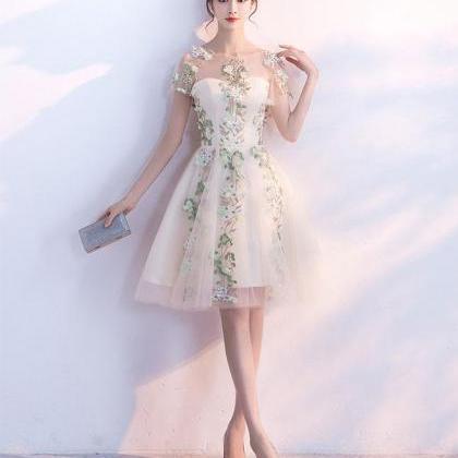Champagne Tulle Lace Applique Short Prom..