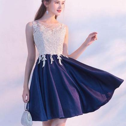 Navy Blue Round Neck Lace Short Prom..