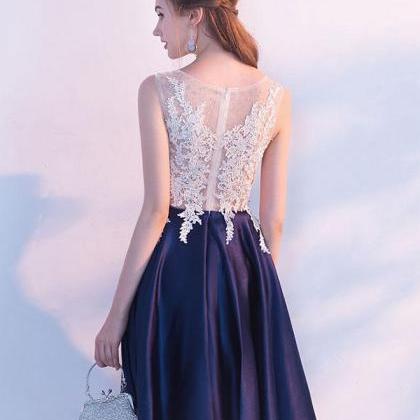 Navy Blue Round Neck Lace Short Prom..
