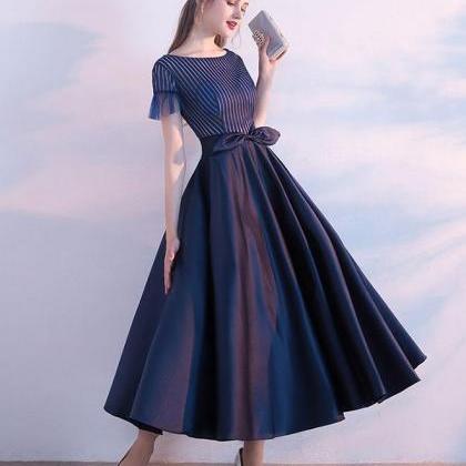 Unique Dark Blue Tea Length Prom Dress,homecoming..