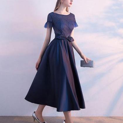Unique Dark Blue Tea Length Prom Dress,homecoming..