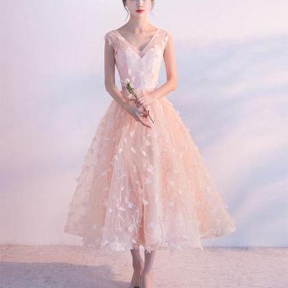 Pink A Line V Neck Tulle Tea Length Prom Dress,..