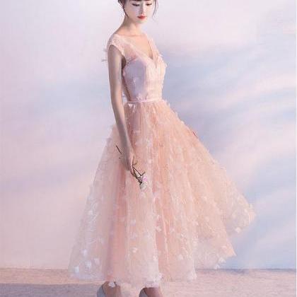 Pink A Line V Neck Tulle Tea Length Prom Dress,..