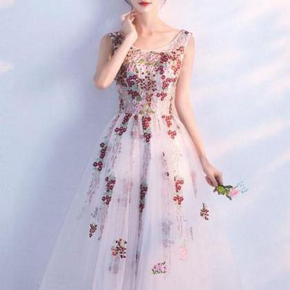 White A Line Lace Tulle Tea Length Prom..