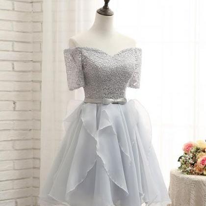 Cute Gray Lace Sleeve Short Prom Dress,homecoming..